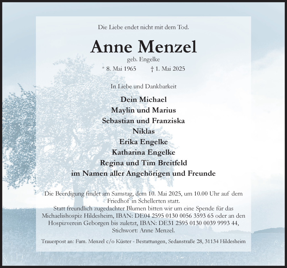  Traueranzeige für Anne Menzel vom 07.05.2025 aus Hildesheimer Allgemeine Zeitung