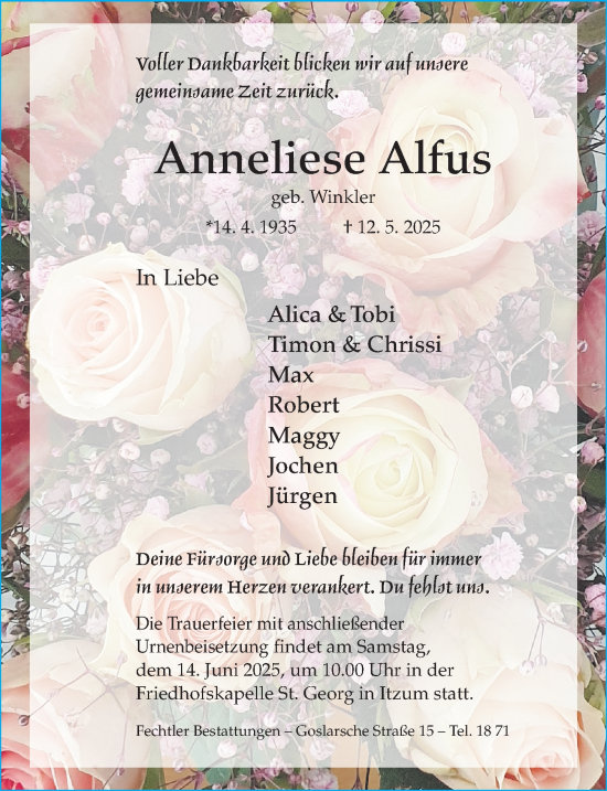 Traueranzeige von Anneliese Alfus von Hildesheimer Allgemeine Zeitung