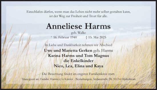 Traueranzeige von Anneliese Harms von Hildesheimer Allgemeine Zeitung