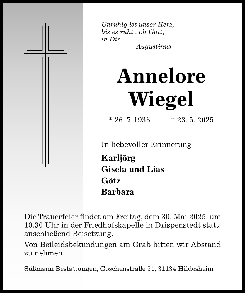  Traueranzeige für Annelore Wiegel vom 28.05.2025 aus Hildesheimer Allgemeine Zeitung