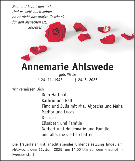 Traueranzeige von Annemarie Ahlswede von Hildesheimer Allgemeine Zeitung