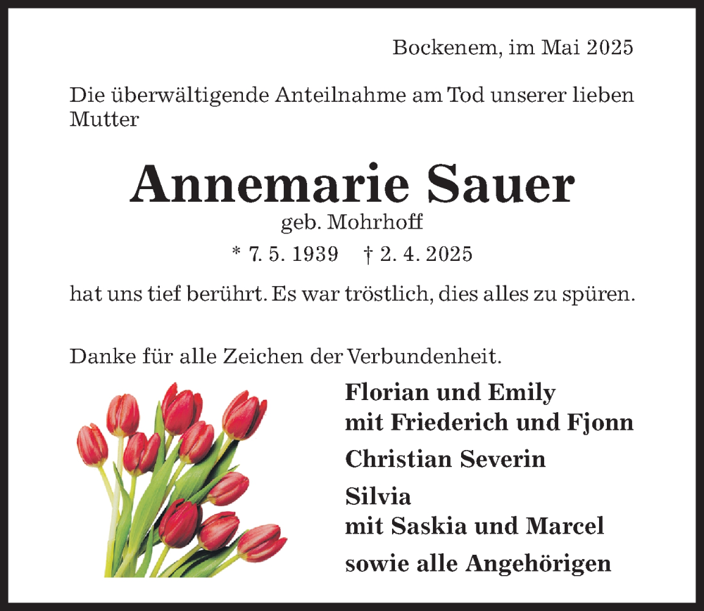  Traueranzeige für Annemarie Sauer vom 14.05.2025 aus Hildesheimer Allgemeine Zeitung
