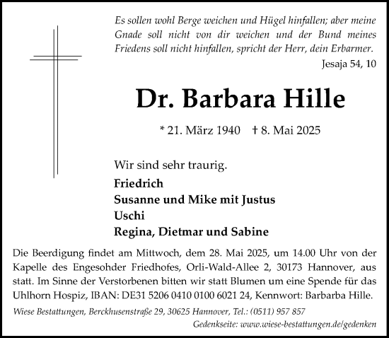 Traueranzeige von Barbara Hille von Hildesheimer Allgemeine Zeitung