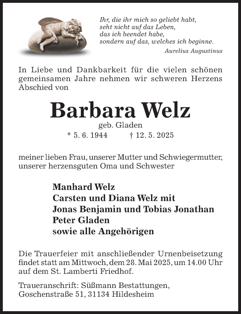  Traueranzeige für Barbara Welz vom 21.05.2025 aus Hildesheimer Allgemeine Zeitung