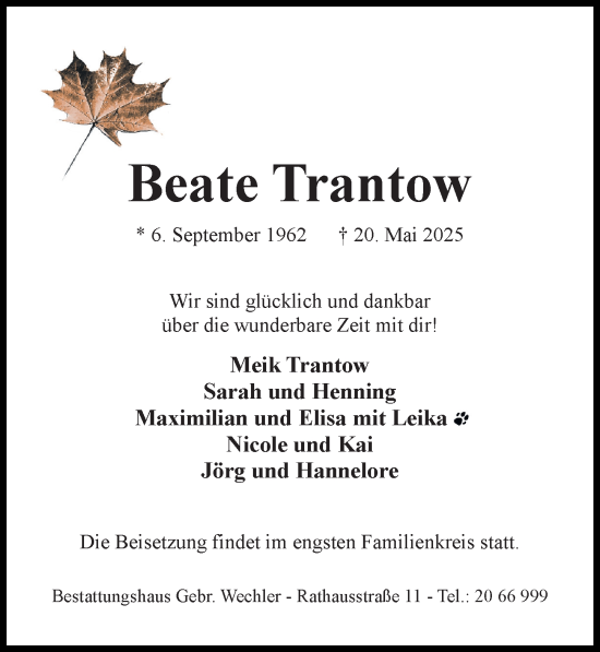 Traueranzeige von Beate Trantow von Hildesheimer Allgemeine Zeitung