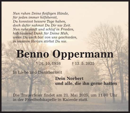 Traueranzeige von Benno Oppermann von Hildesheimer Allgemeine Zeitung