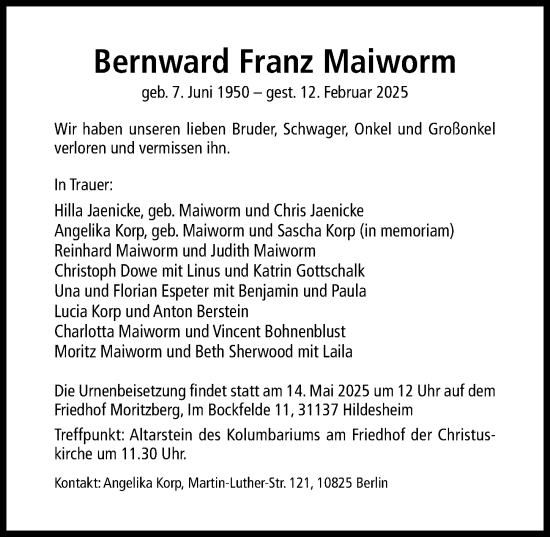 Traueranzeige von Bernward Franz Maiworm von Hildesheimer Allgemeine Zeitung