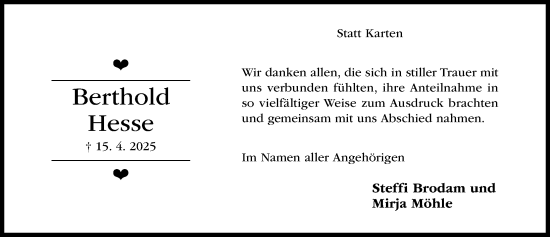 Traueranzeige von Berthold Hesse von Hildesheimer Allgemeine Zeitung