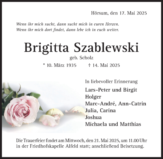Traueranzeige von Brigitta Szablewski von Hildesheimer Allgemeine Zeitung