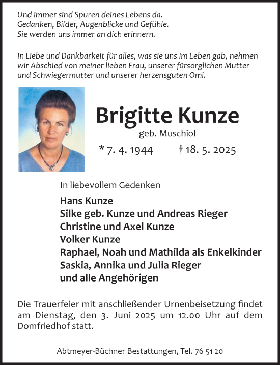 Traueranzeige von Brigitte Kunze von Hildesheimer Allgemeine Zeitung