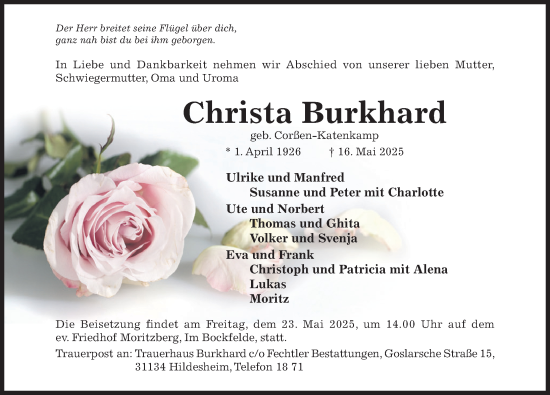 Traueranzeige von Christa Burkhard von Hildesheimer Allgemeine Zeitung