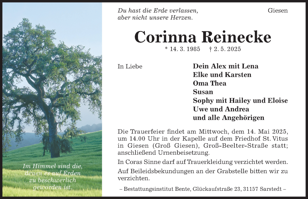  Traueranzeige für Corinna Reinecke vom 07.05.2025 aus Hildesheimer Allgemeine Zeitung