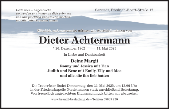 Traueranzeige von Dieter Achtermann von Hildesheimer Allgemeine Zeitung