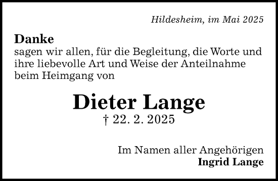 Traueranzeige von Dieter Lange von Hildesheimer Allgemeine Zeitung