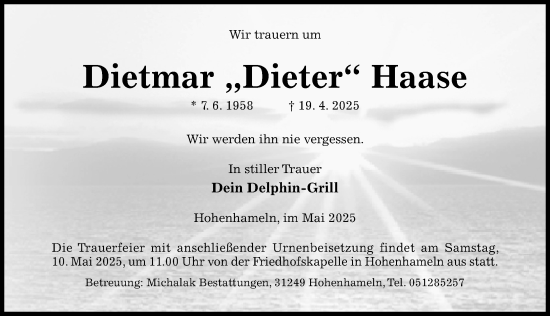 Traueranzeige von Dietmar Haase von Hildesheimer Allgemeine Zeitung