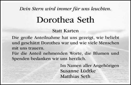 Traueranzeige von Dorothea Seth von Hildesheimer Allgemeine Zeitung