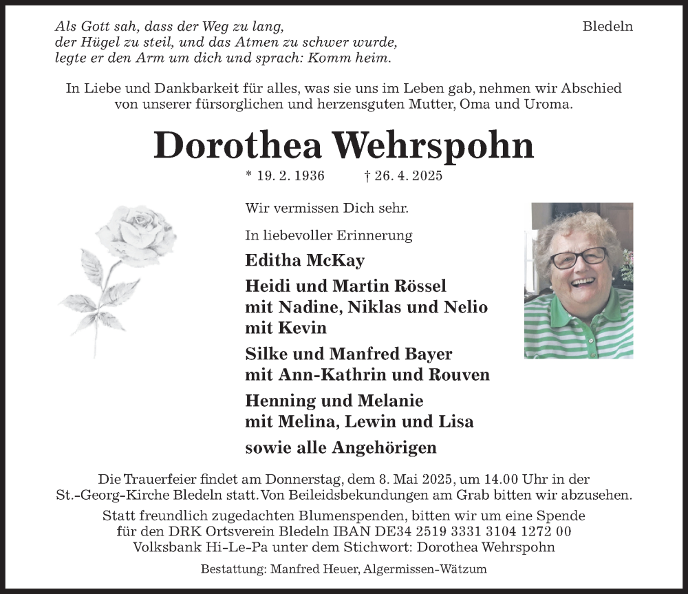  Traueranzeige für Dorothea Wehrspohn vom 03.05.2025 aus Hildesheimer Allgemeine Zeitung
