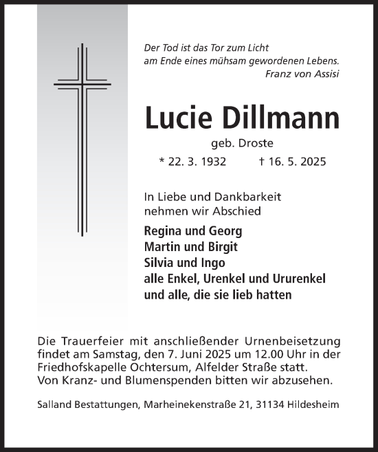 Traueranzeige von Lucie Dillmann von Hildesheimer Allgemeine Zeitung