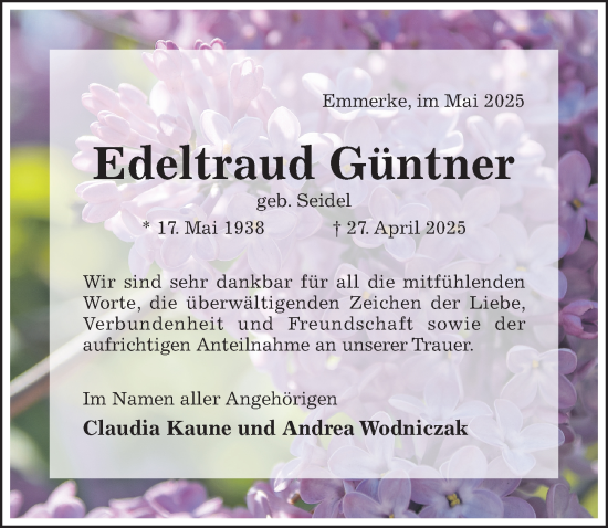 Traueranzeige von Edeltraud Güntner von Hildesheimer Allgemeine Zeitung