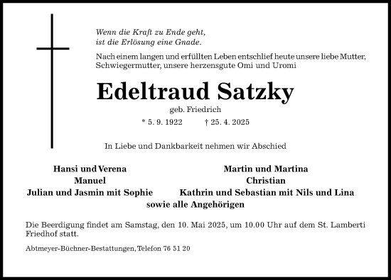 Traueranzeige von Edeltraud Satzky von Hildesheimer Allgemeine Zeitung