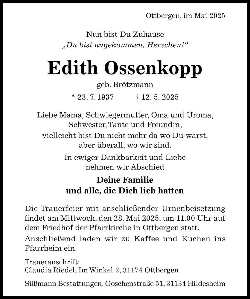  Traueranzeige für Edith Ossenkopp vom 17.05.2025 aus Hildesheimer Allgemeine Zeitung