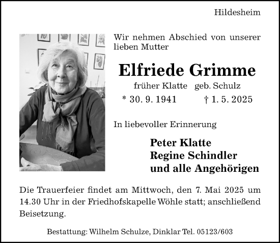 Traueranzeige von Elfriede Grimme von Hildesheimer Allgemeine Zeitung