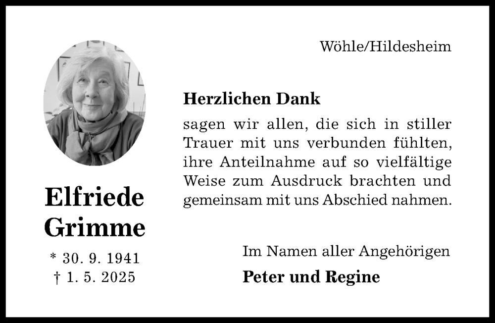  Traueranzeige für Elfriede Grimme vom 24.05.2025 aus Hildesheimer Allgemeine Zeitung