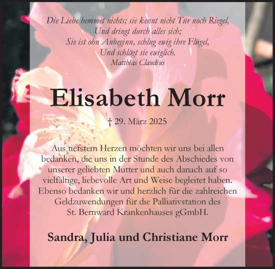 Traueranzeige von Elisabeth Morr von Hildesheimer Allgemeine Zeitung
