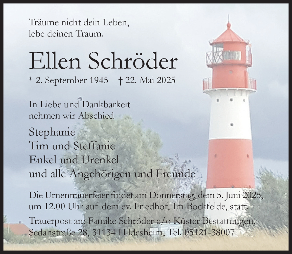  Traueranzeige für Ellen Schröder vom 31.05.2025 aus Hildesheimer Allgemeine Zeitung