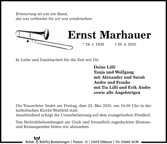 Traueranzeige von Ernst Marhauer von Hildesheimer Allgemeine Zeitung
