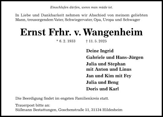 Traueranzeige von Ernst von Wangenheim von Hildesheimer Allgemeine Zeitung