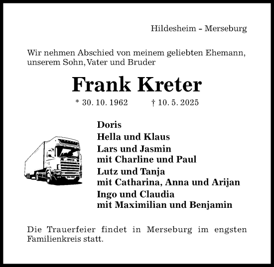 Traueranzeige von Frank Kreter von Hildesheimer Allgemeine Zeitung