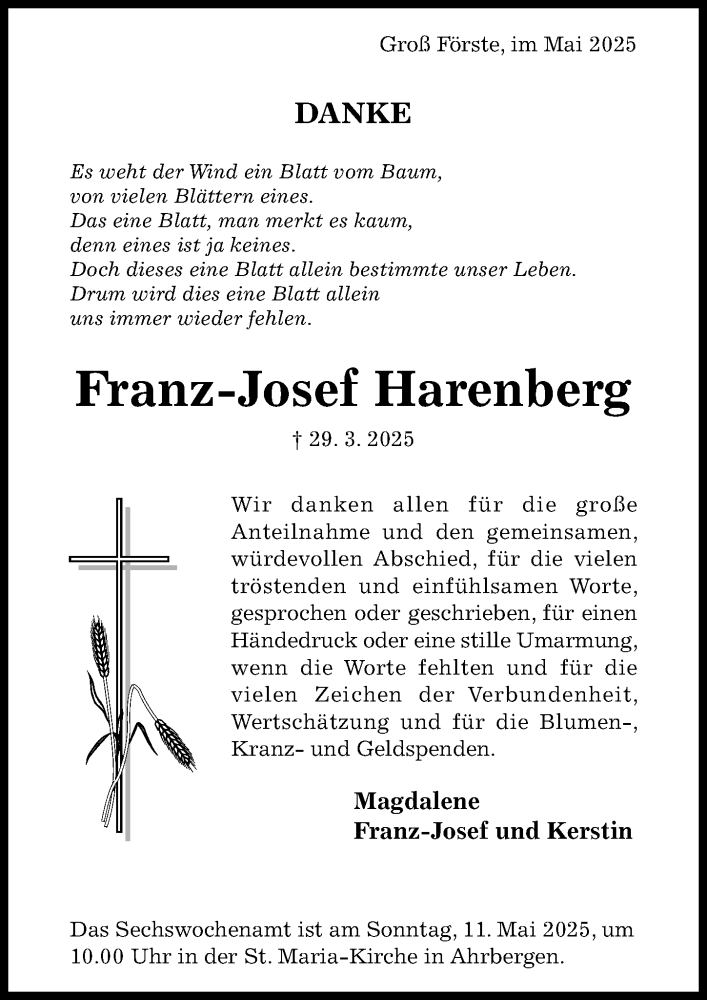  Traueranzeige für Franz-Josef Harenberg vom 10.05.2025 aus Hildesheimer Allgemeine Zeitung