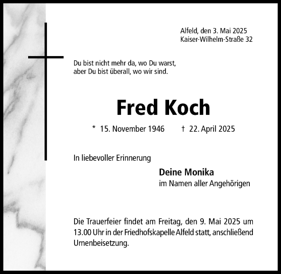 Traueranzeige von Fred Koch von Hildesheimer Allgemeine Zeitung