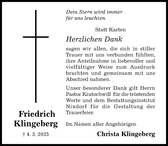 Traueranzeige von Friedrich Klingeberg von Hildesheimer Allgemeine Zeitung