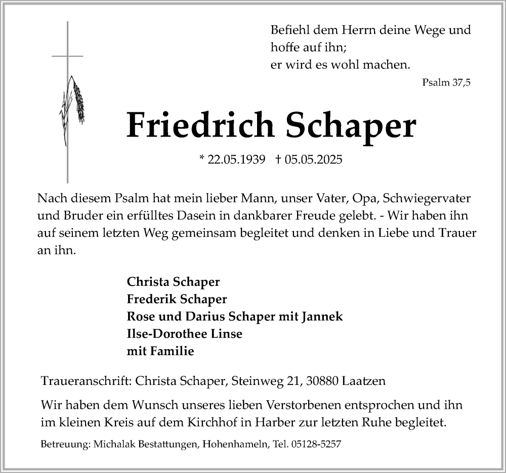  Traueranzeige für Friedrich Schaper vom 17.05.2025 aus Hildesheimer Allgemeine Zeitung