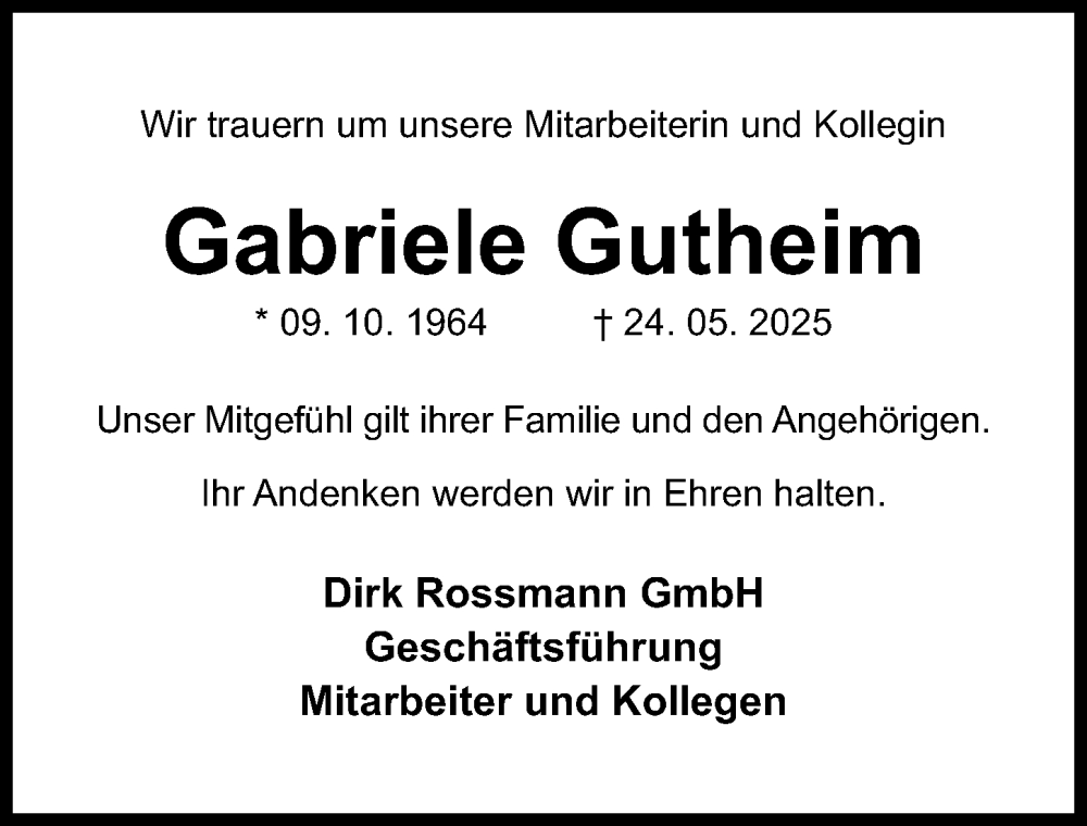  Traueranzeige für Gabriele Gutheim vom 31.05.2025 aus Hildesheimer Allgemeine Zeitung