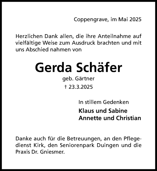 Traueranzeige von Gerda Schäfer von Hildesheimer Allgemeine Zeitung