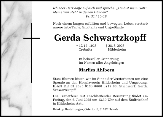 Traueranzeige von Gerda Schwartzkopff von Hildesheimer Allgemeine Zeitung