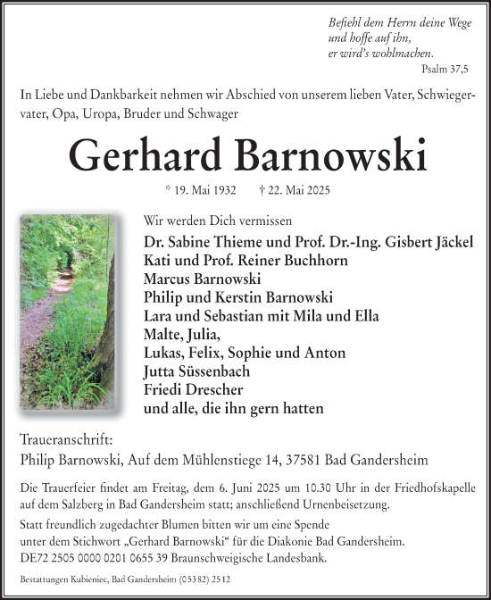 Traueranzeige von Gerhard Barnowski von Hildesheimer Allgemeine Zeitung