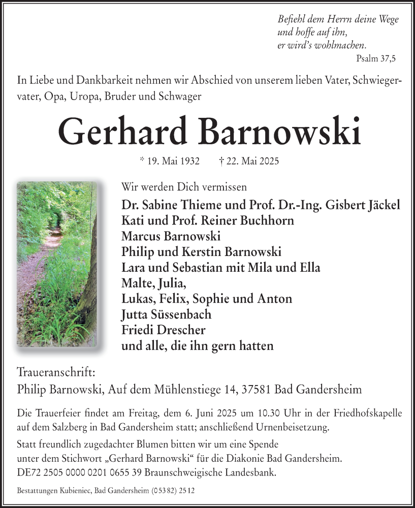  Traueranzeige für Gerhard Barnowski vom 31.05.2025 aus Hildesheimer Allgemeine Zeitung