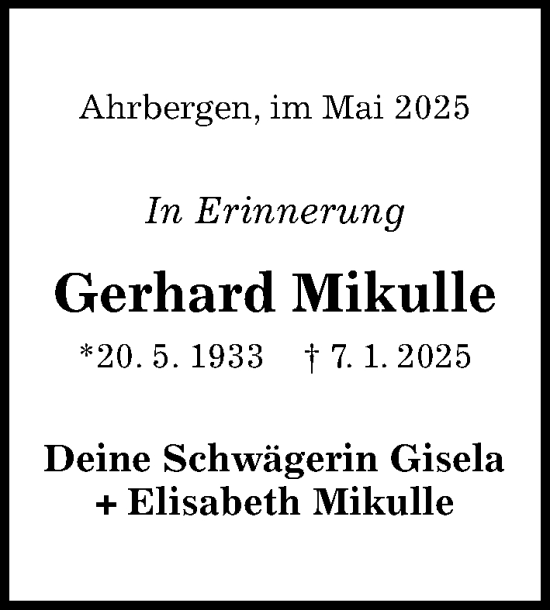 Traueranzeige von Gerhard Mikulle von Hildesheimer Allgemeine Zeitung