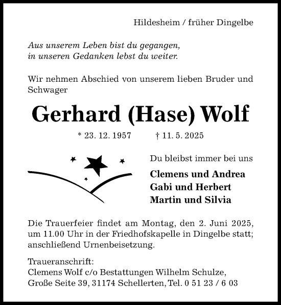 Traueranzeige von Gerhard Wolf von Hildesheimer Allgemeine Zeitung