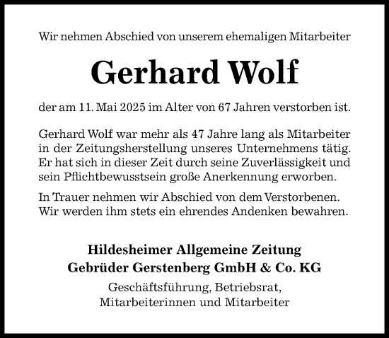 Traueranzeige von Gerhard Wolf von Hildesheimer Allgemeine Zeitung
