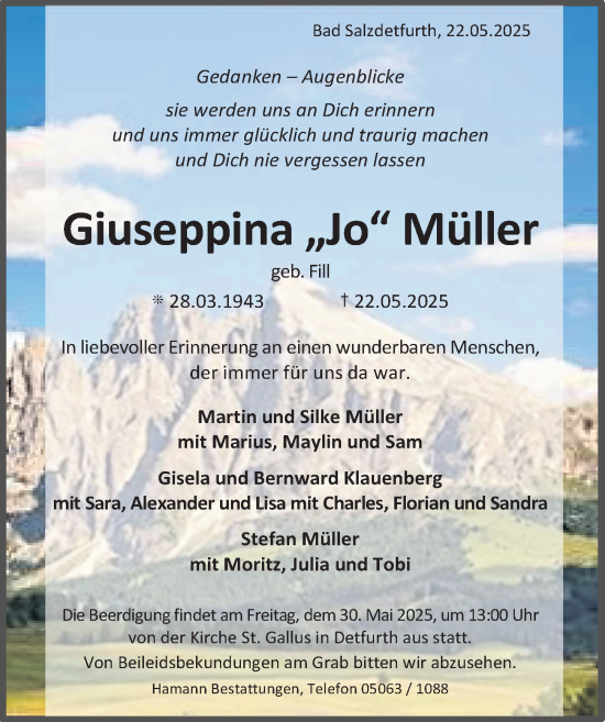 Traueranzeige von Giuseppina Müller von Hildesheimer Allgemeine Zeitung