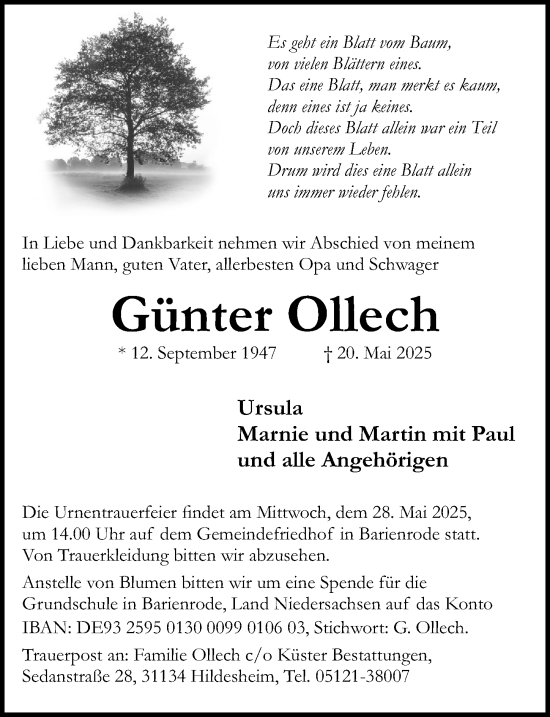 Traueranzeige von Günter Ollech von Hildesheimer Allgemeine Zeitung