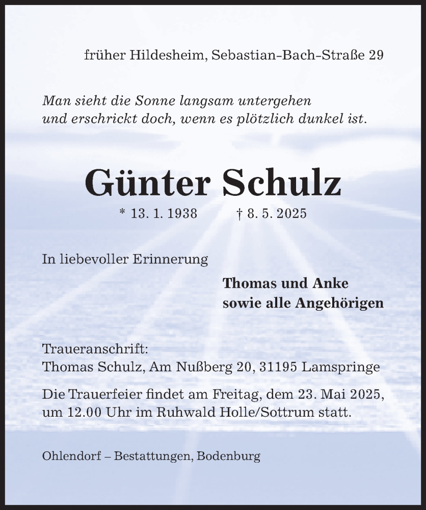  Traueranzeige für Günter Schulz vom 14.05.2025 aus Hildesheimer Allgemeine Zeitung