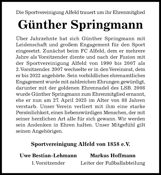 Traueranzeige von Günther Springmann von Hildesheimer Allgemeine Zeitung