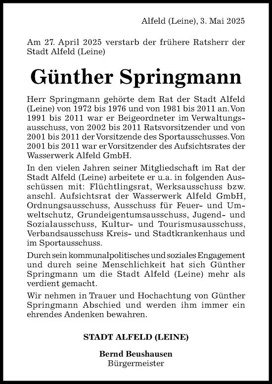 Traueranzeige von Günther Springmann von Hildesheimer Allgemeine Zeitung