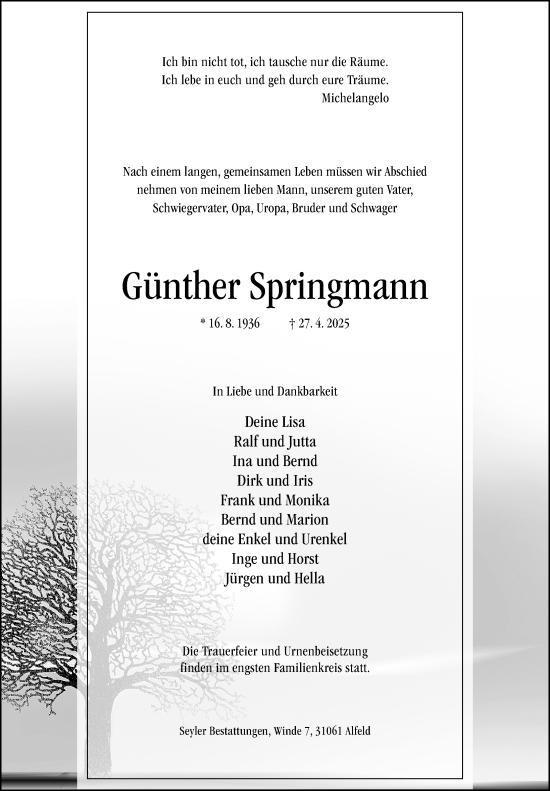 Traueranzeige von Günther Springmann von Hildesheimer Allgemeine Zeitung